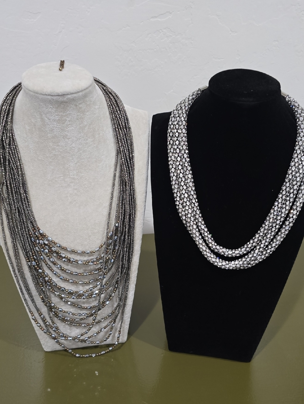Multi-Strand Hematite Beaded Necklace - Silver-Tone And Mesh Multilayer Necklace